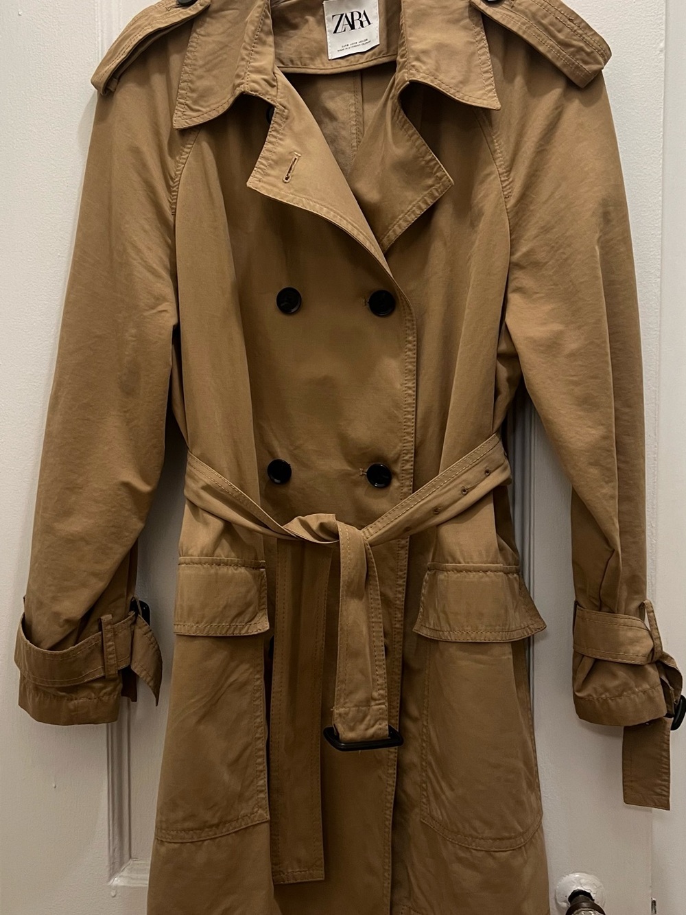 Zara Tan Double-Breasted 3/4 Trench Coat with Belt